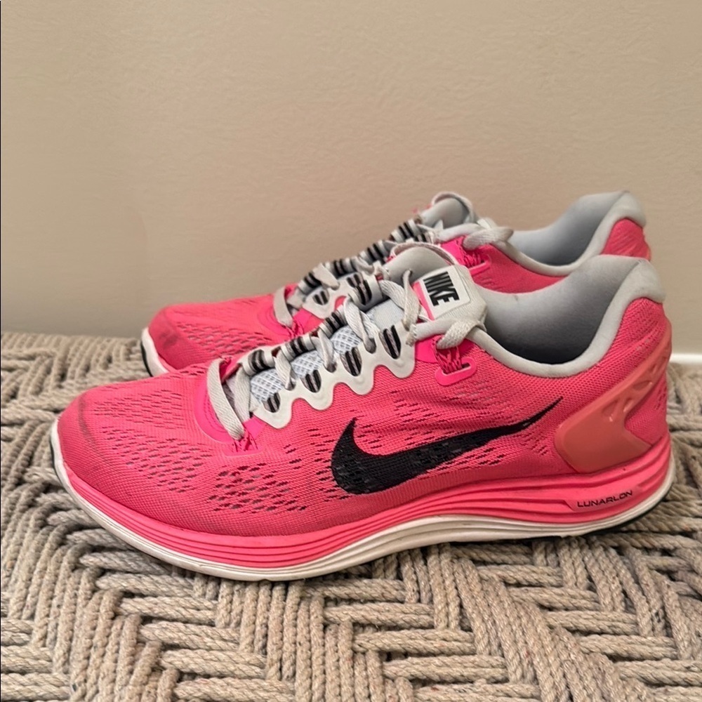 Nike Women 6.5 Lunarglide Lunarlon Pink Black Grey Sneaker 599395-600
